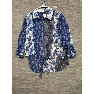 Chico's Patched Paisley Sheer Sloane Top Womens Sz 1 US M Blue White Long Sleeve